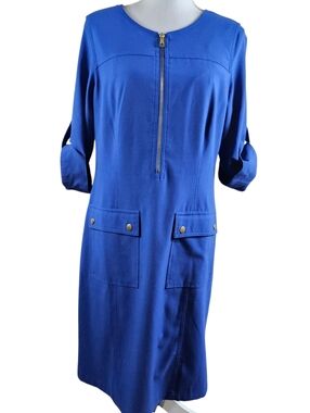 Sharagano Blue Zippered 80's Retro Midi Dress In 10